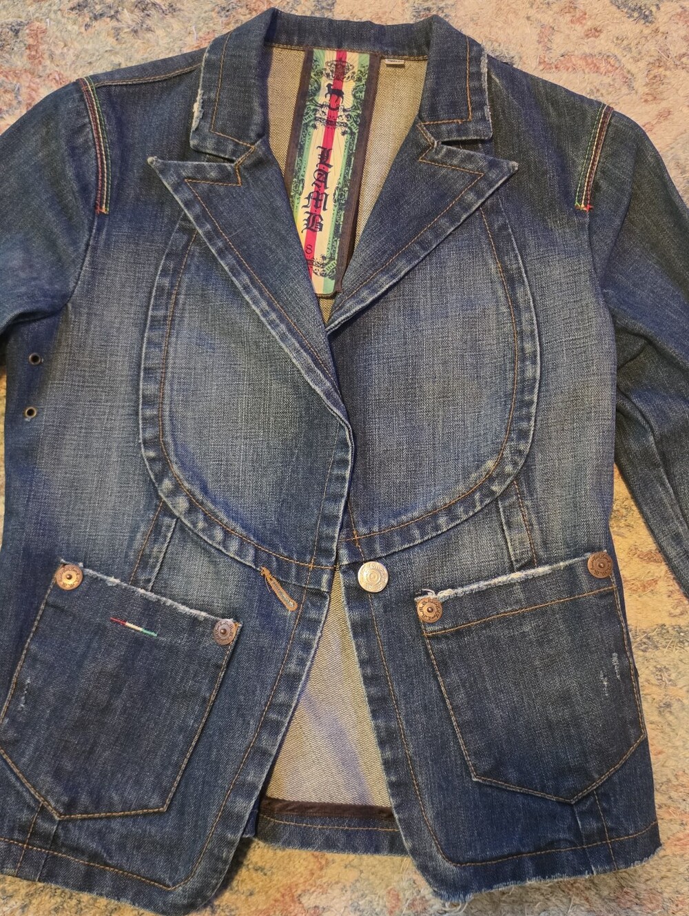 L.A.M.B. Gwen Stefani 1st Season Denim Peplum Patch Blazer EUC Size 8